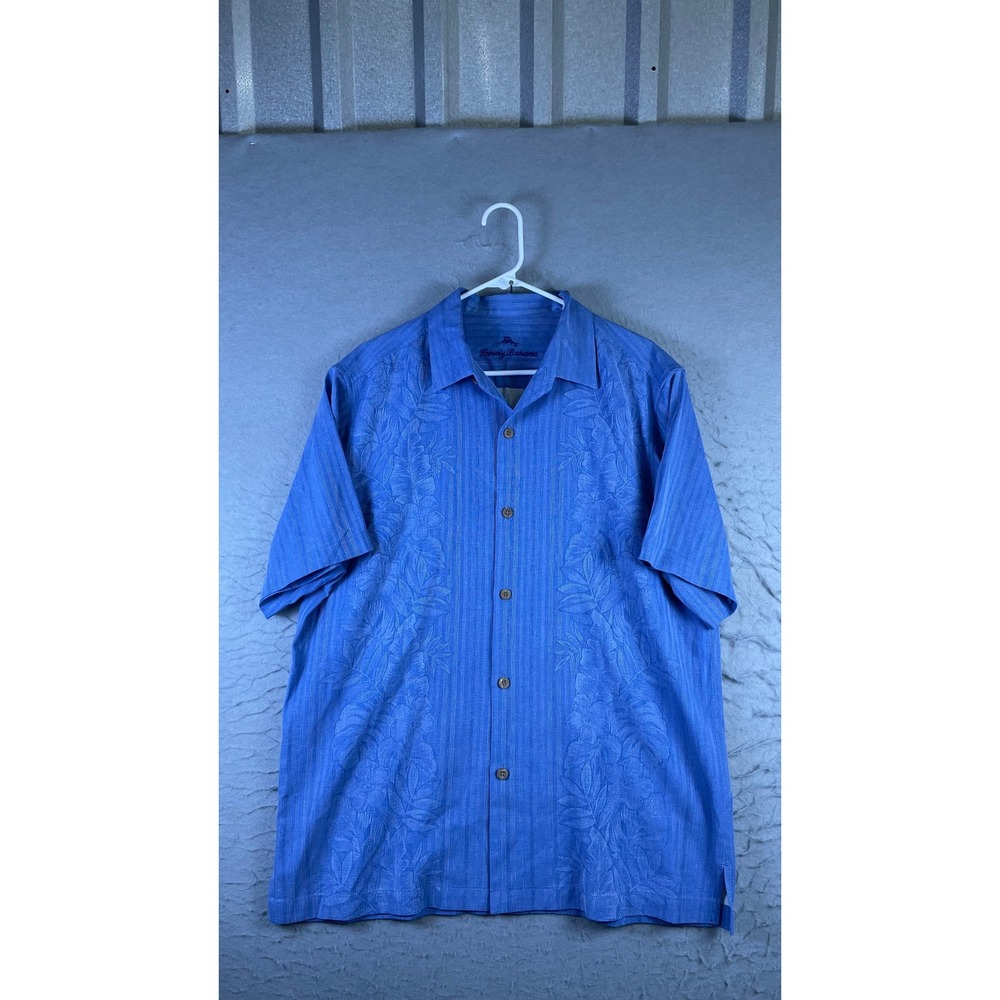 Tommy Bahama Button Up Shirt Mens Large Blue Excellent Floral Jacquard Camp